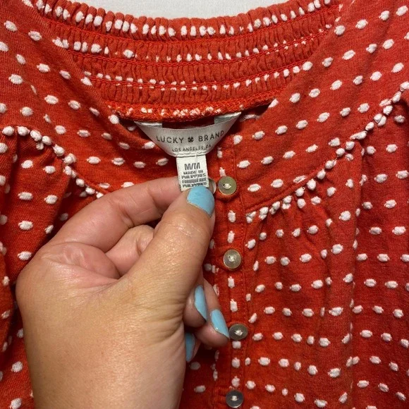 Lucky Brand M Red Orange Coral Dot Blouse Sleeveless Button Up Ruffle Top Tomato - Picture 4 of 5